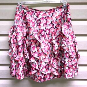 Designer Garnet Hill Silk Ruffle Skirt Abstract Pink Gray Polka Dot Size 8
